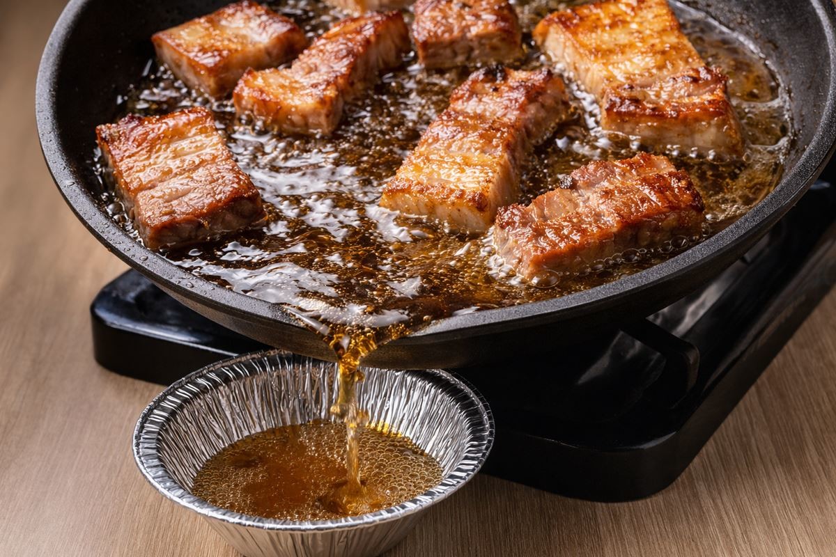 고기를 구울 때 나온 고기 기름을 은박지 그릇에 붓는 모습. 기사 이해를 돕기 위해 AI를 활용해 제작한 자료 사진입니다. 실제 모습과 다소 차이가 있을 수 있습니다.