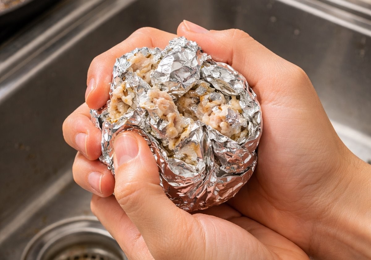 굳어진 고기 기름이 담긴 은박지 그릇을 공처럼 뭉친 모습. 기사 이해를 돕기 위해 AI를 활용해 제작한 자료 사진입니다. 실제 모습과 다소 차이가 있을 수 있습니다.