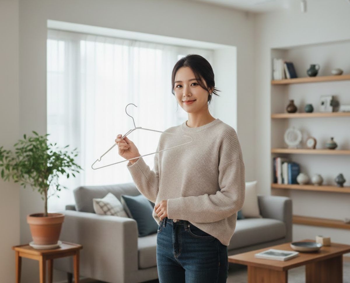 옷걸이를 들고 있는 사람. AI가 생성한 이미지.