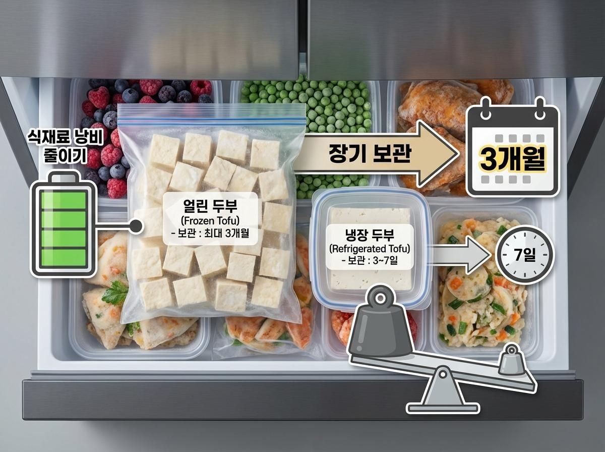 두부 냉동/냉장 보관 기간. 두부 물기 충분히 제거하기. 기사 내용 토대로 AI툴 활용해 제작한 자료사진.