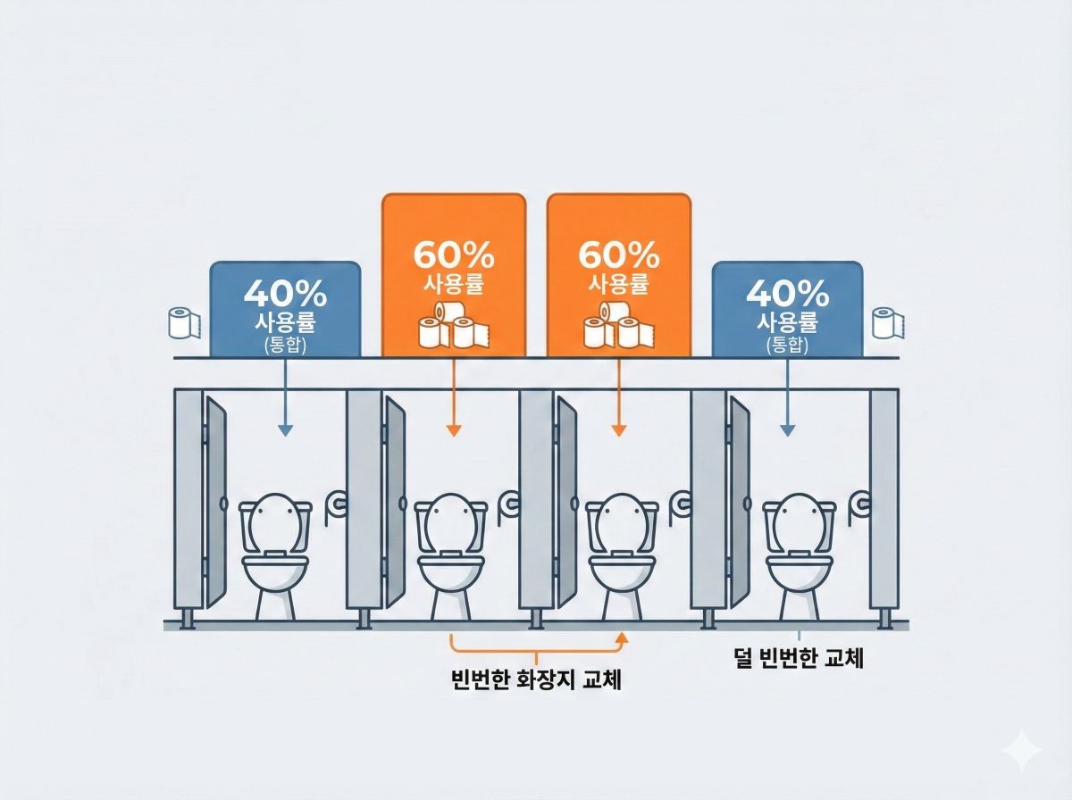 심리학자 니콜라스 크리스텐펠드는 10주 동안 네 개의 화장실 칸에서 휴지가 얼마나 자주 교체되는지를 추적했다. 그 결과 다 쓴 휴지 롤의 60%가 가운데 칸에서 나왔고, 양쪽 끝 칸에서는 40%만 교체됐다. 이는 이용자들이 가운데 칸을 더 선호한다는 것을 보여주는 수치다. 무작위 확률로 예상되는 사용 비율보다 가운데 칸 사용이 많았다는 의미다. 기사 내용 토대로 AI툴 활용해 제작한 자료사진.