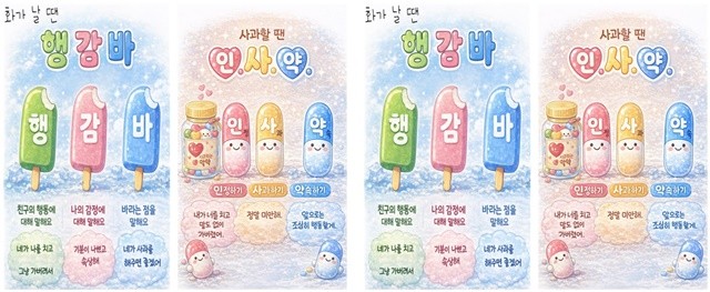 ‘행감바 인사약 포스터’는 인성교육 꾸러미 자료 중 하나로 학생들이 화가날 때 사과할 때 대화하는 방법을 이미지와 글로 나타낸 자료이다.