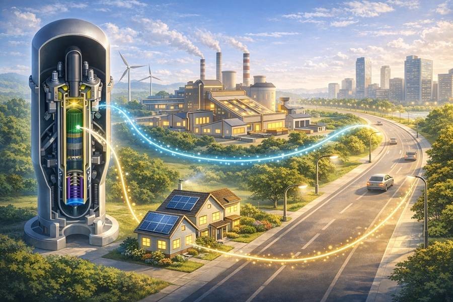 혁신형 소형모듈원전(i-SMR) 전력이 지역 산업시설과 생활 인프라로 확산되는 모습을 표현한 이미지/경주시