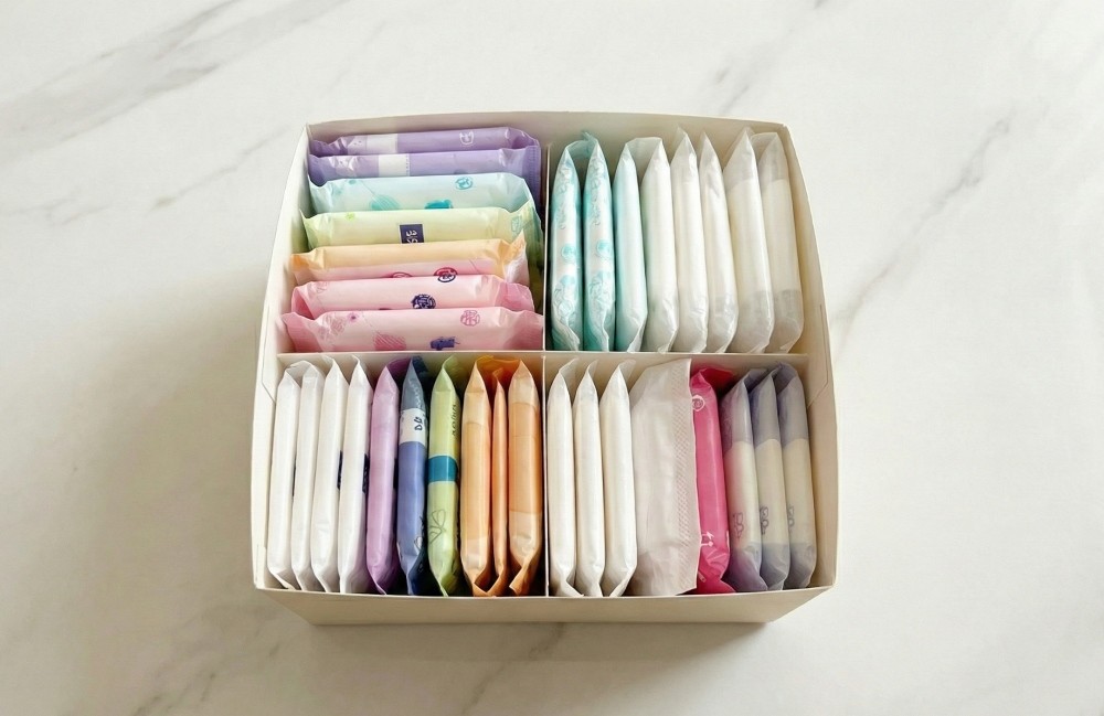 AI툴로 생성한 자료사진. 캐리어를 생리대 수납함으로 활용하면 욕실에 두고 이용하기에 편리하다.