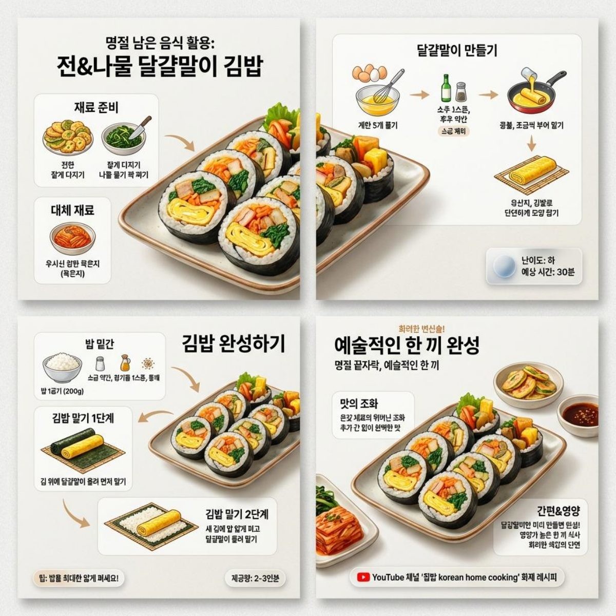 [인포그래픽] 명절 후 남은 전과 나물로 만든 계란말이 레시피. AI가 생성한 자료사진.