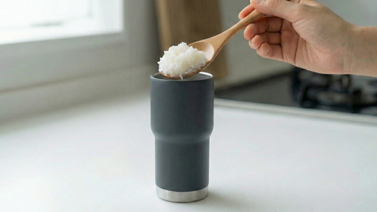기사를 바탕으로 AI가 생성한 자료사진. 텀블러에 밥 한 숟가락을 넣어 세척하면 냄새 제거에 도움받을 수 있다.