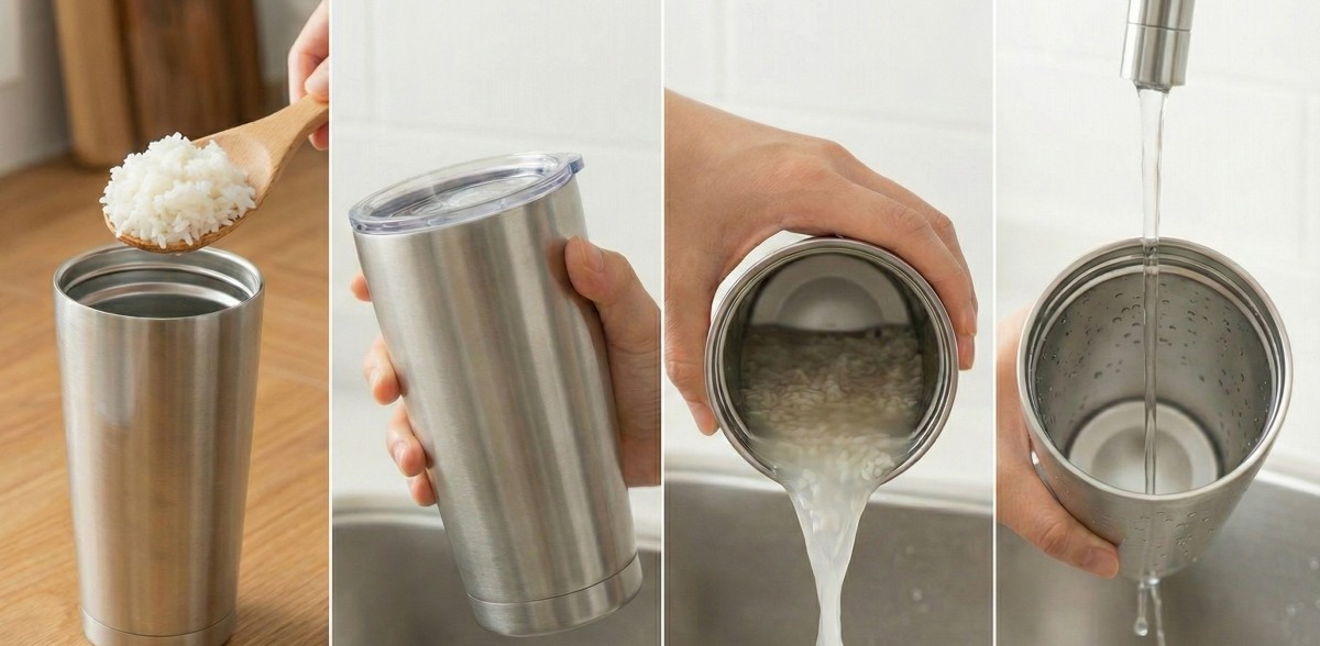 기사를 바탕으로 AI가 생성한 자료사진. 텀블러 안에 밥 한 숟가락을 넣고 따뜻한 물을 조금 채운다. 텀블러를 세게 흔들어주고 내용물을 버린 뒤 헹군다.