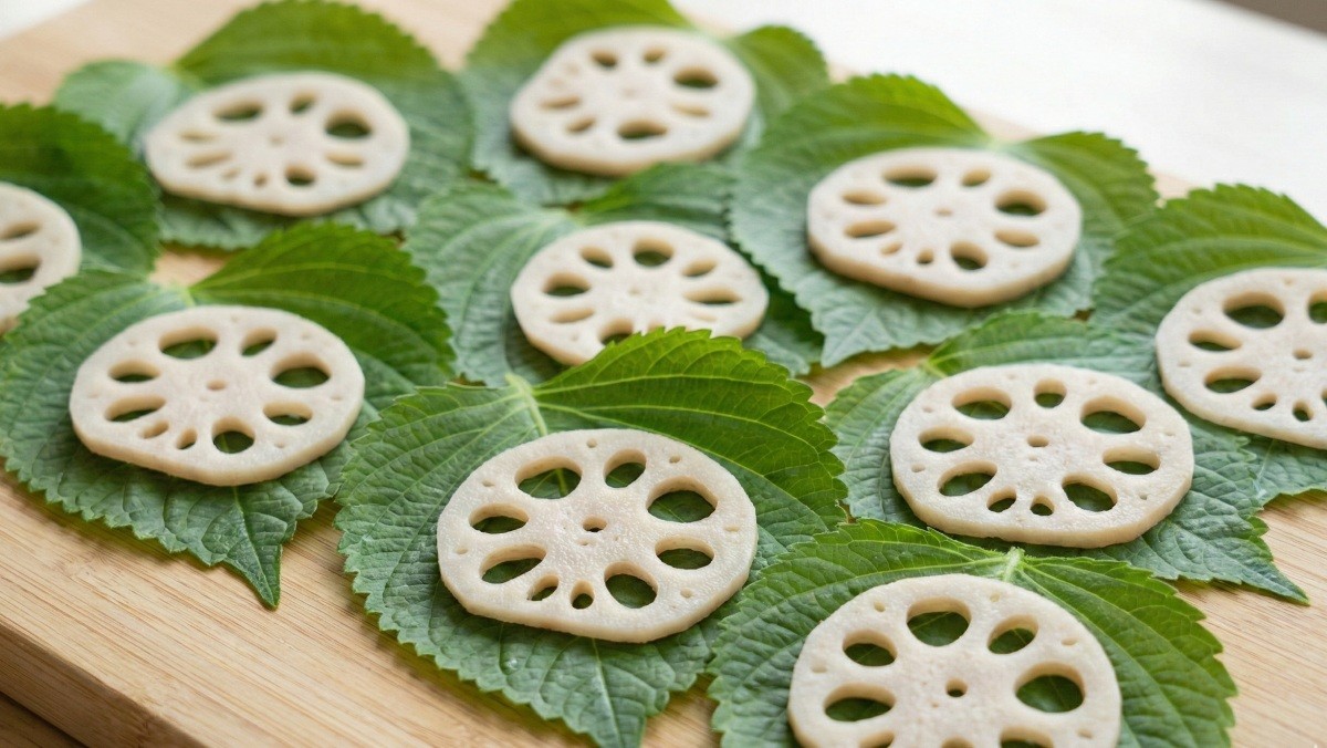 기사를 바탕으로 AI가 생성한 자료사진. 깻잎 위에 연근을 올리고 양념을 곁들여 먹을 수 있는 '연근 깻잎 양념무침' 레시피가 있다.