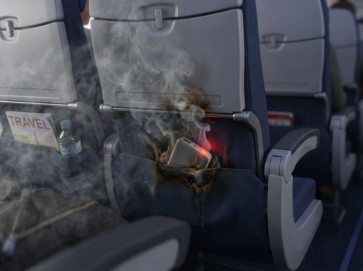 기내에서 발생해 논란이 되고 있는 보조배터리 사고. 기사 내용 토대로 AI툴 활용해 제작한 자료사진.