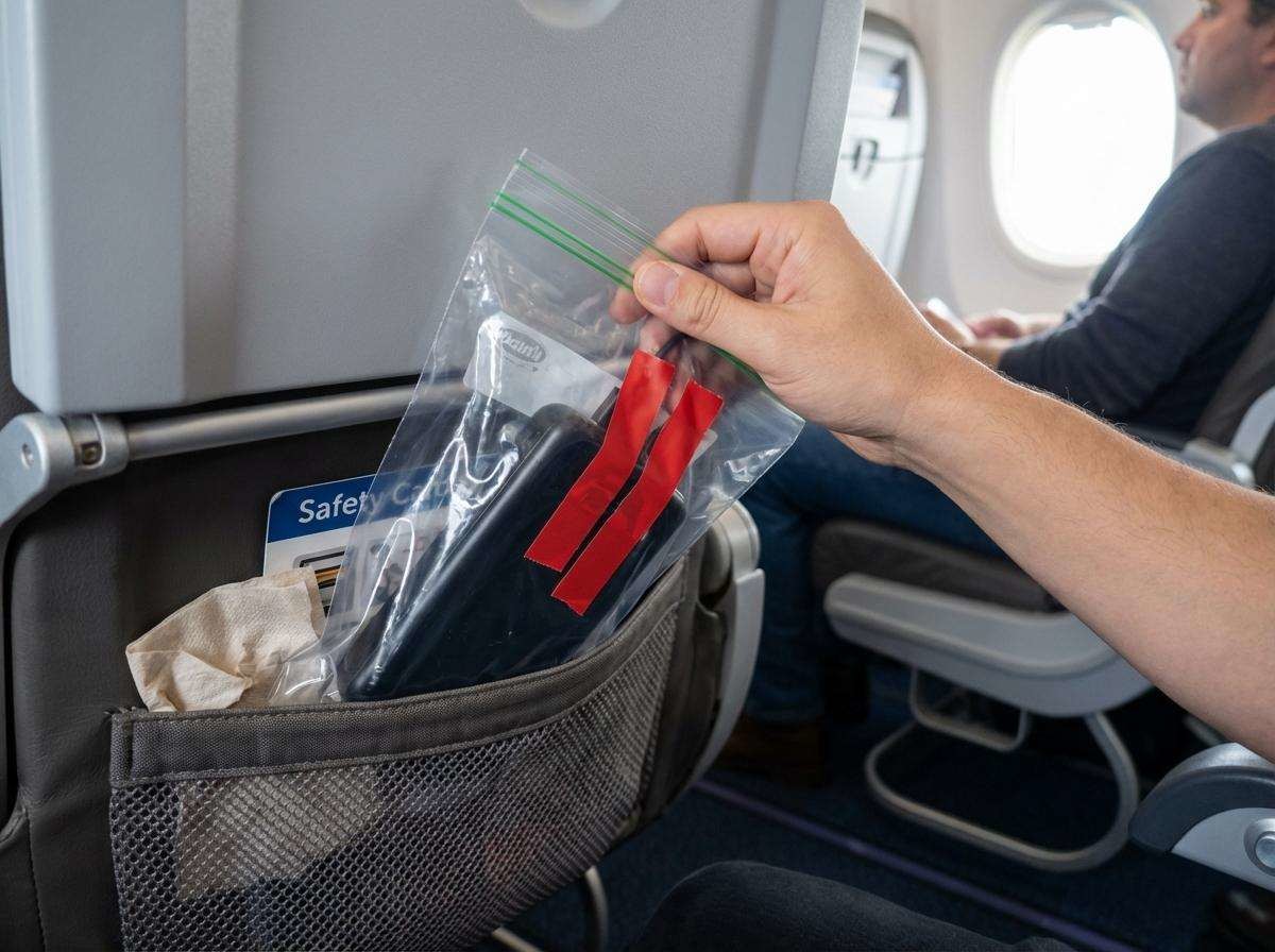 보조배터리의 기내 반입 자체는 가능하지만, 절연 테이프를 보조배터리 단자에 붙이거나 비닐백·개별 파우치에 한 개씩 넣어 보관하는 등의 단락(합선) 방지 조치를 한 뒤 좌석 앞주머니 등 눈에 보이는 곳에 보관해야 한다. 기사 내용 토대로 AI툴 활용해 제작한 자료사진.