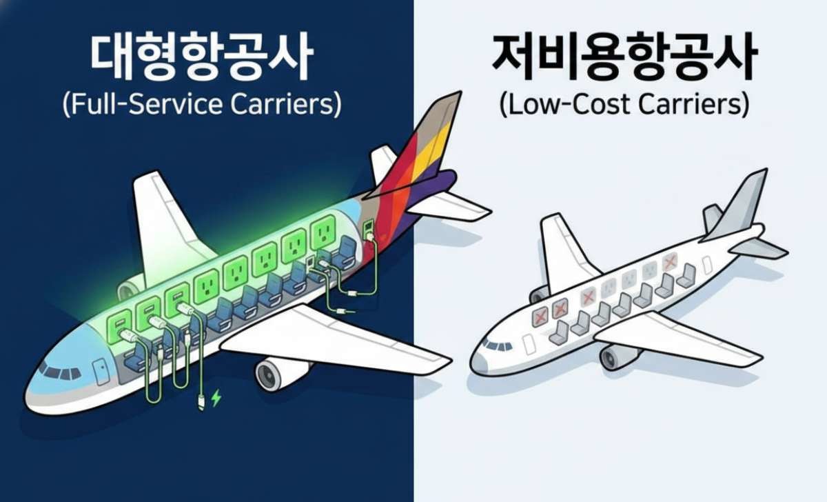 대한항공과 아시아나항공은 대부분 여객기의 기내에서 유선 충전을 지원하지만, 저비용항공사(LCC)는 그렇지 않은 경우가 많은 상황이다. 기사 내용 토대로 AI툴 활용해 제작한 자료사진.