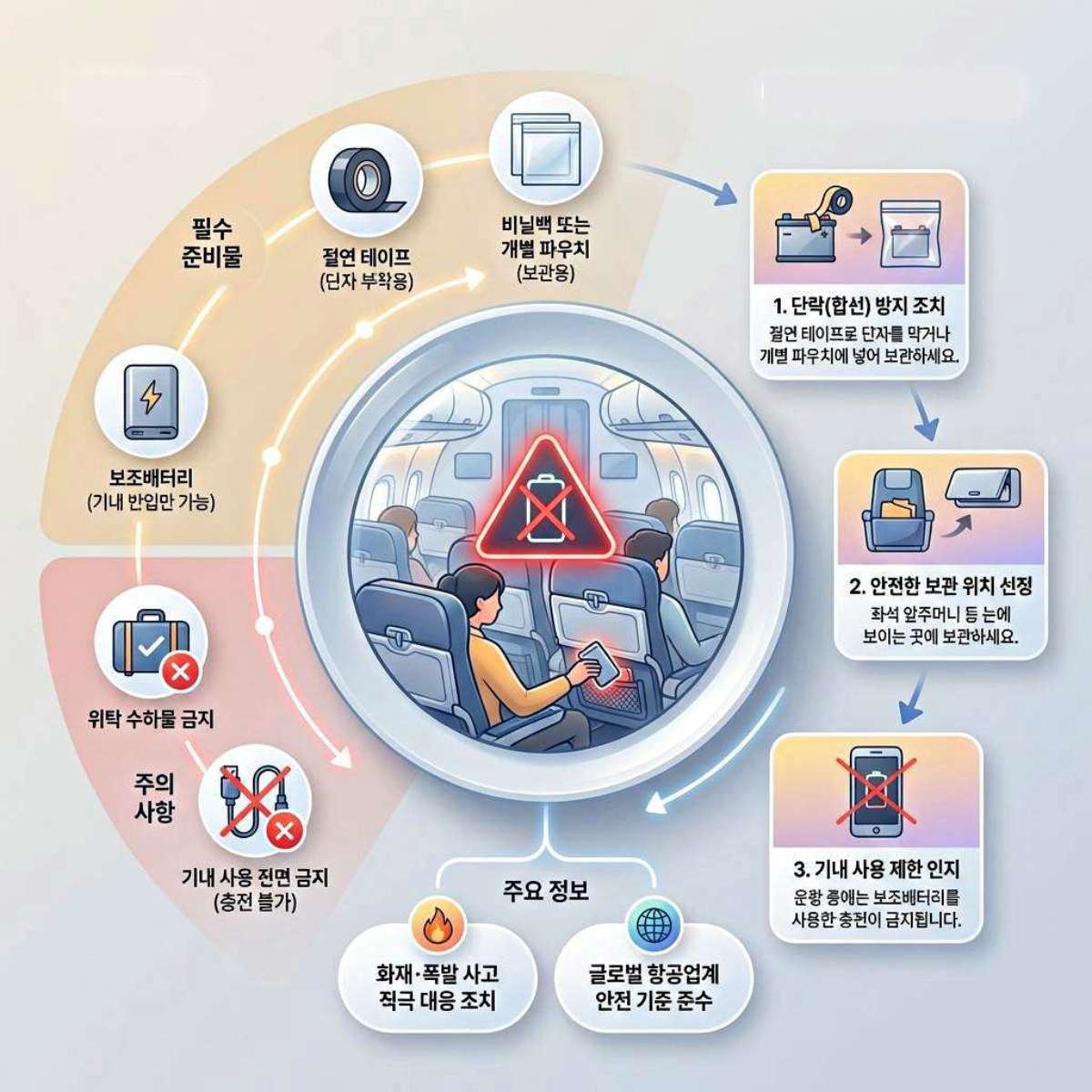 국내 모든 항공사 기내서 '보조배터리 사용' 전면 '금지'. 기사 내용 토대로 AI툴 활용해 제작한 자료사진.