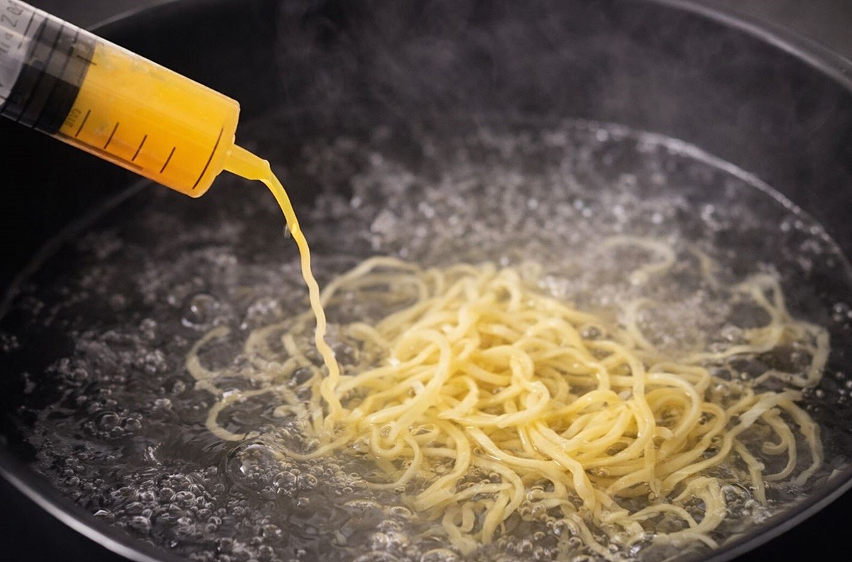 주사기를 활용해 끓는 물에서 계란면을 만드는 모습. 기사 이해를 돕기 위해 AI를 활용해 제작한 자료 사진입니다. 실제 모습과 다소 차이가 있을 수 있습니다.