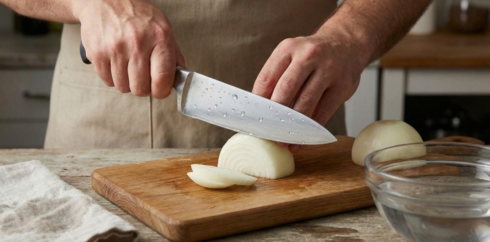 기사를 바탕으로 AI가 생성한 자료사진. 물을 묻힌 칼로 양파를 자르면 생성된 화학물질이 공기 중으로 퍼지기 전에 물에 일부 용해돼 눈물 없이 양파를 손질하는 데 도움을 줄 수 있다.