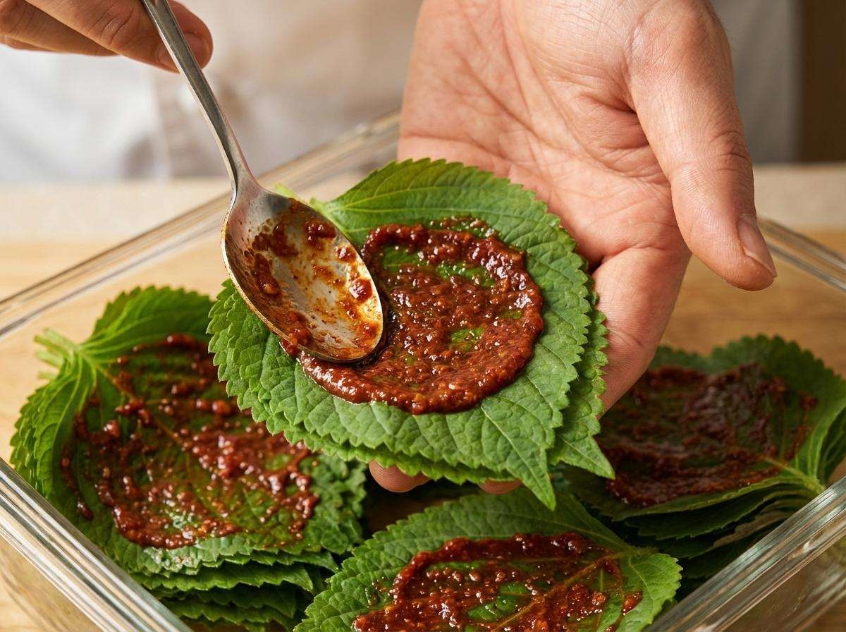 깻잎을 3~5장씩 겹쳐 통 바닥에 놓는다. 그 위에 양념을 1큰술 정도 톡 올린다. 다시 깻잎을 3~5장 겹치고 양념을 올린다. 이 과정을 반복한다. 기사 내용 토대로 AI툴 활용해 제작한 자료사진.