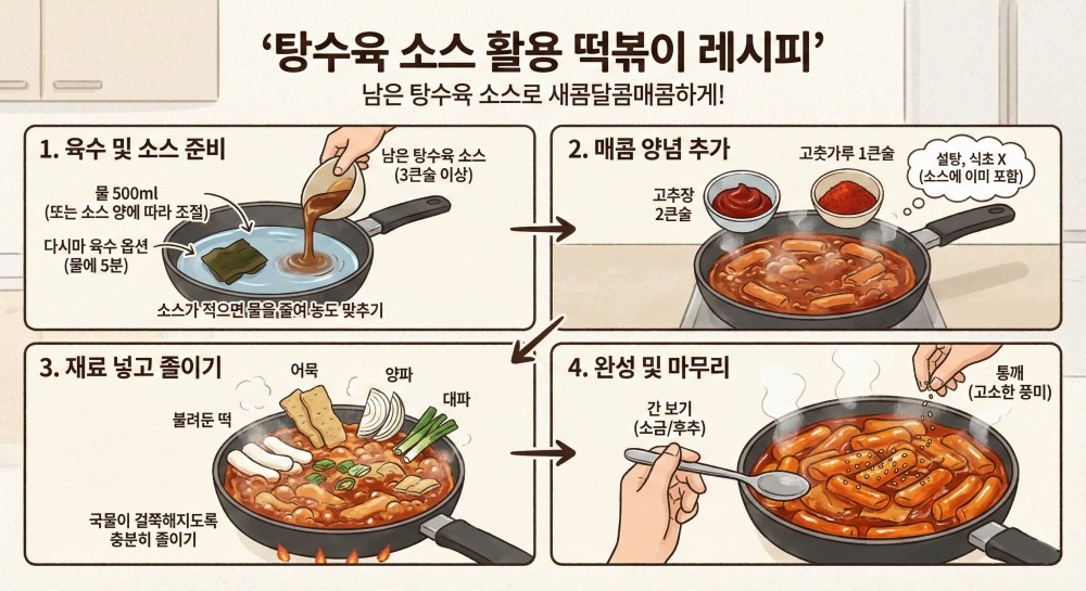 탕수육 소스를 활용한 떡볶이 조리 과정 이미지. AI툴로 생성했습니다.