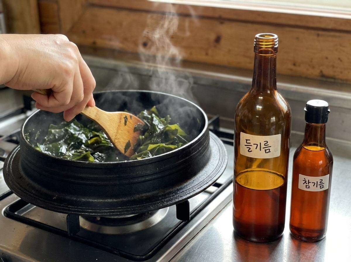 까나리액젓이나 멸치액젓을 먼저 넣어 미역에 밑간을 한다. 상처 낸 미역에 액젓이 스며들면서 간이 배어든다. 이후 들기름과 참기름을 2대1 비율로 넣어 볶는다. 기사 내용 토대로 AI툴 활용해 제작한 자료사진.