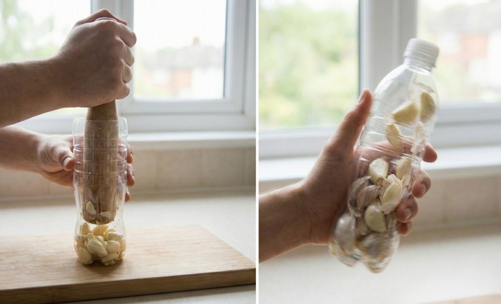 기사를 바탕으로 AI가 생성한 자료사진. 페트병은 마늘 다지기, 마늘 껍질 벗기기 등에 활용할 수 있다. 캠핑 등 야외 작업에서도 유용하다.