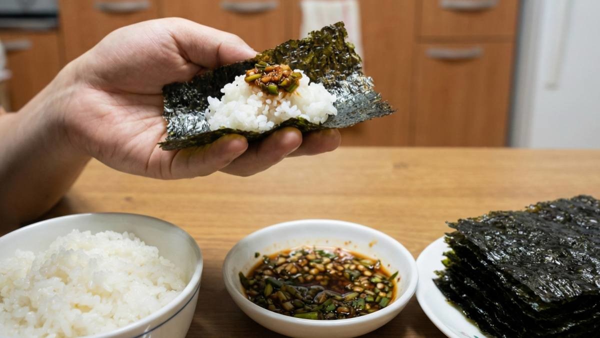 달래장을 얹어 김에 싸 먹는 모습 (AI로 제작됨)