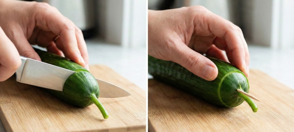 기사를 바탕으로 AI가 생성한 자료사진. 이쑤시개로 채소와 자른 꼭지를 연결해 고정하면 수분 손실을 줄일 수 있다. 외부 공기에 직접 노출되는 단면 면적이 줄어들기 때문이다.