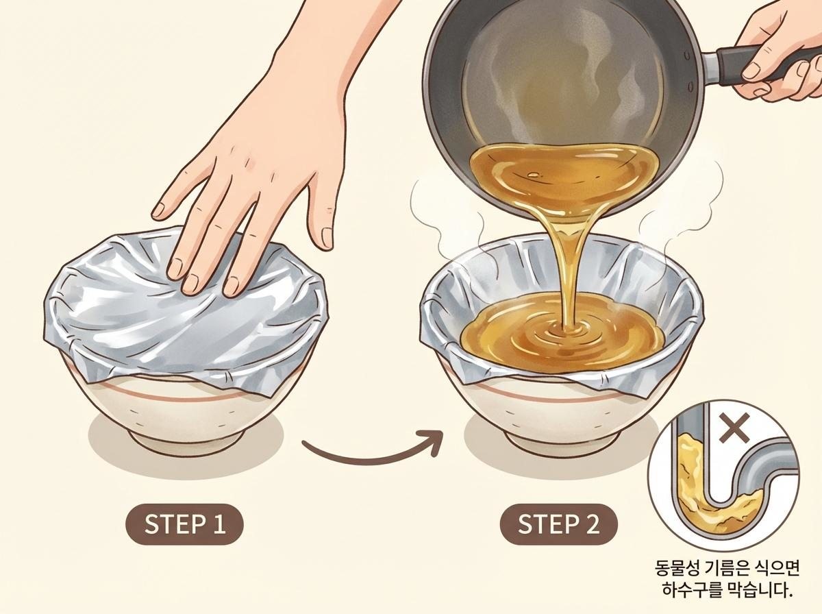 [삽화] 오목한 그릇에 쿠킹호일을 감싸고 그 위에 기름을 붓는 모습. AI가 생성한 자료사진.