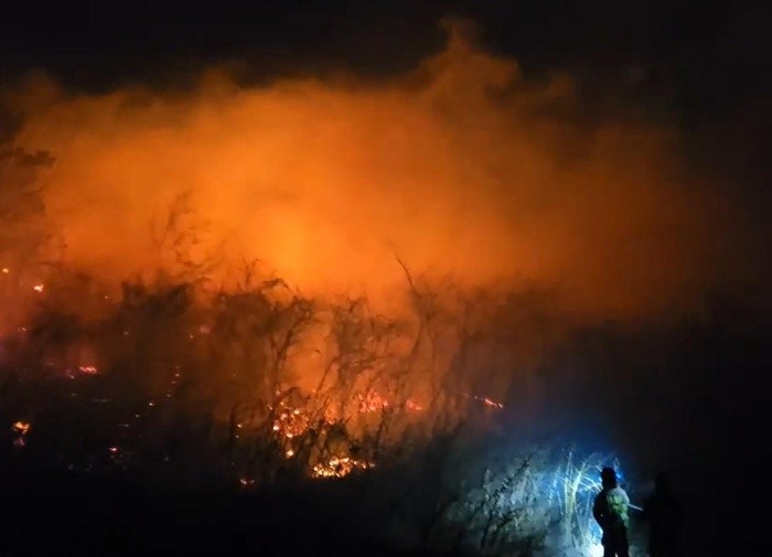 22일 오후 7시 22분쯤 강원 고성군 토성면에서 산불이 발생해 주민 대피 조치가 이뤄진 가운데 소방 당국이 대응 2단계 발령하고 인력과 장비를 동원해 진화 작업을 벌이고 있다. / 뉴스1