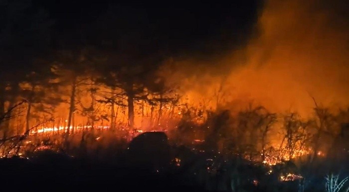 22일 오후 7시 22분쯤 강원 고성군 토성면에서 산불이 발생해 주민 대피 조치가 이뤄진 가운데 소방 당국이 대응 2단계 발령하고 인력과 장비를 동원해 진화 작업을 벌이고 있다. / 뉴스1