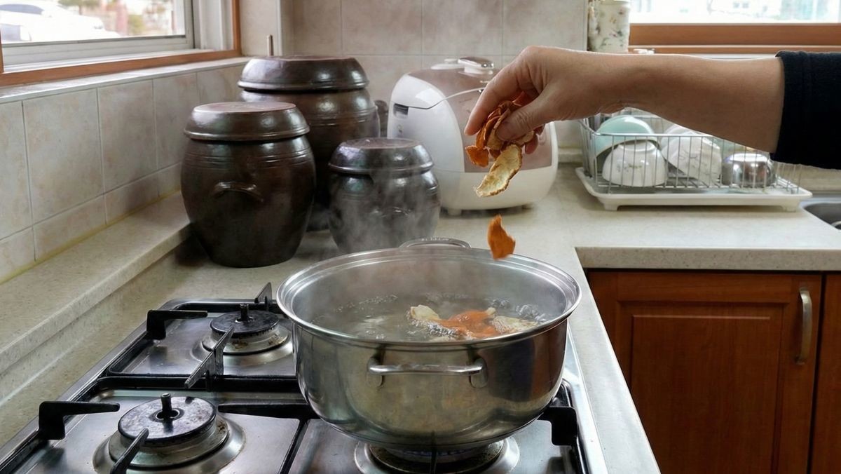 끓는 냄비에 귤 껍질을 넣는 모습 (AI 사진)