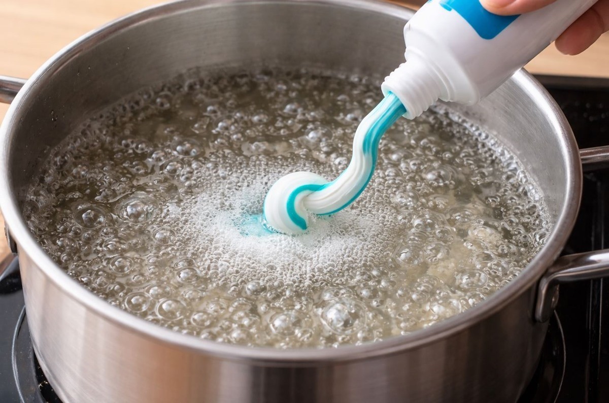 끓는 물에 치약을 넣는 모습. 기사 이해를 돕기 위해 AI를 활용해 제작한 자료 사진입니다. 실제 모습과 다소 차이가 있을 수 있습니다.