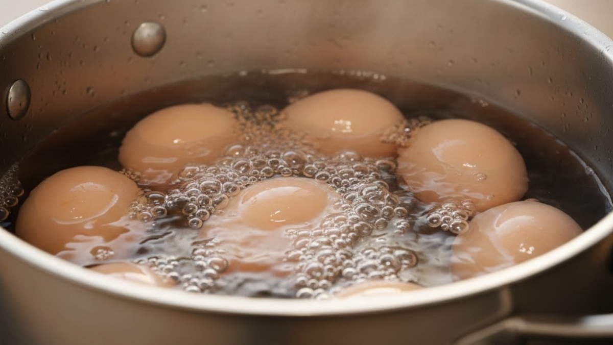 삶고 있는 계란. AI가 생성한 자료사진.