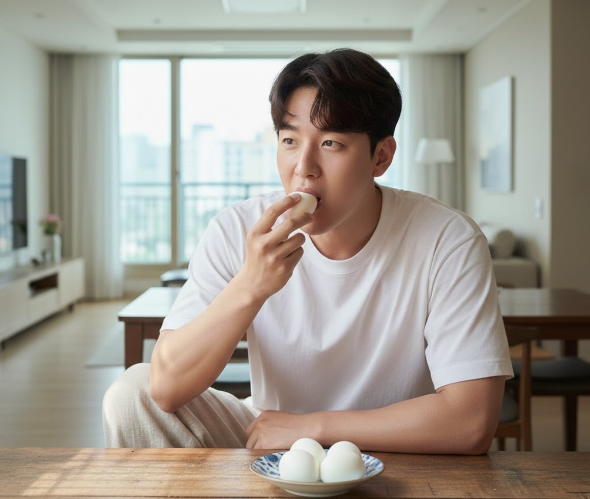 삶은 계란을 먹는 사람. AI가 생성한 자료사진.