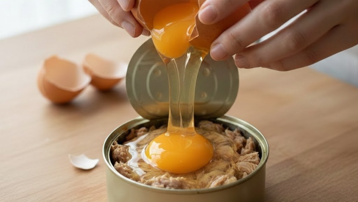 캔 참치에 계란을 까 넣는 모습. AI가 생성한 자료사진.