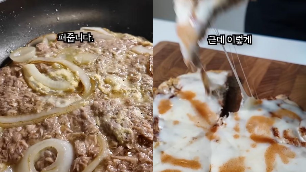 캔 참치와 각종 재료들을 팬에 올려 요리하는 모습(왼)과 완성된 요리 모습(오). / 유튜브 '올런치86'