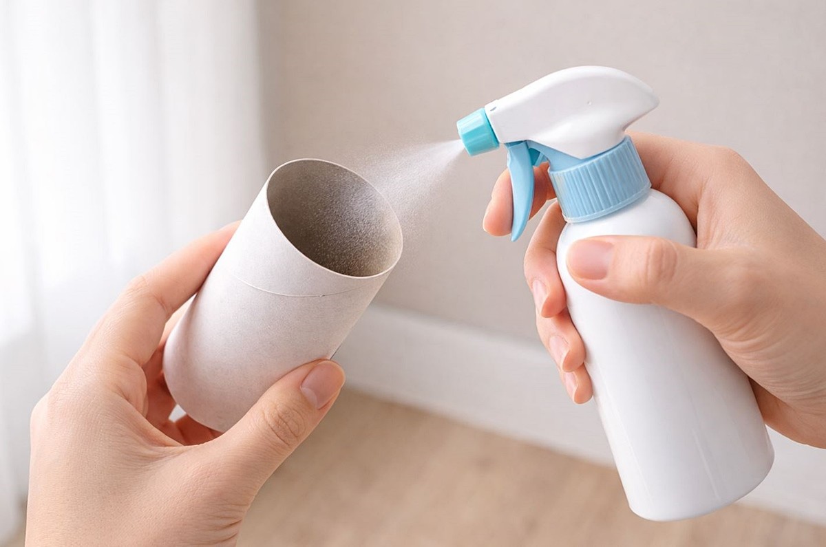 휴지심에 탈취제를 뿌려주는 모습. 기사 이해를 돕기 위해 AI를 활용해 제작한 자료 사진입니다. 실제 모습과 다소 차이가 있을 수 있습니다.