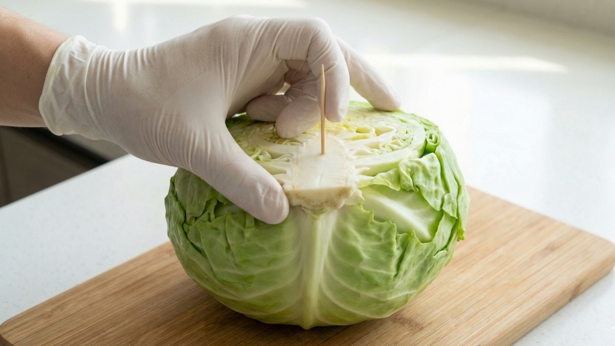 기사를 바탕으로 AI가 생성한 자료사진. 양배추 심지에 이쑤시개를 꽂아 성장점을 손상시키면 상대적으로 신선도가 오래 유지될 수 있다. 이쑤시개 대신 키친타월을 활용해도 된다. 심지를 도려낸 자리에 물에 젖은 키친타월을 채워 보관한다.