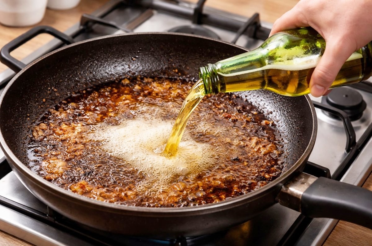 찌든때가 있는 프라이팬에 맥주를 넣고 끓이는 모습. 기사 이해를 돕기 위해 AI를 활용해 제작한 자료 사진입니다. 실제 모습과 다소 차이가 있을 수 있습니다.