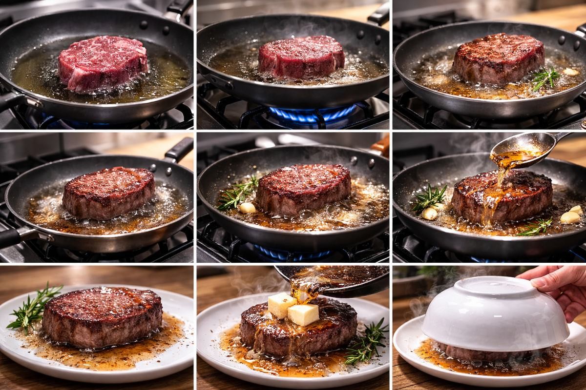 스테이크 '홈쿡' 꿀팁 담긴 레시피. 기사 내용 토대로 AI툴 활용해 제작한 자료사진.