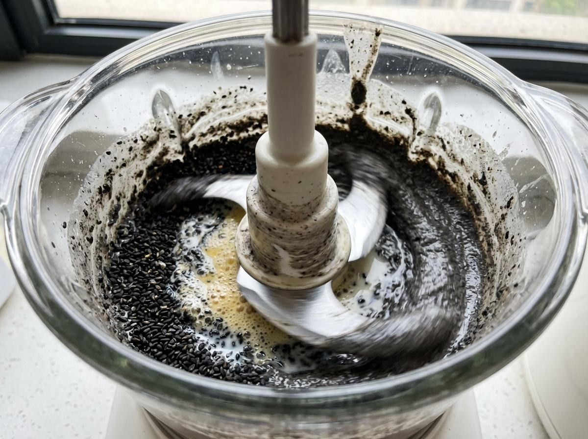 깨에 바로 계란을 부어 먼저 섞으면, 깨가 액체를 머금어 갈릴 때 더 곱게 분쇄된다. 여기에 우유를 넣고 믹서기로 충분히 갈면 검은빛이 고르게 도는 액체가 된다. 알갱이가 굵게 남으면 식감이 거칠어질 수 있어 최대한 곱게 가는 것이 좋다. 기사 내용 토대로 AI툴 활용해 제작한 자료사진.