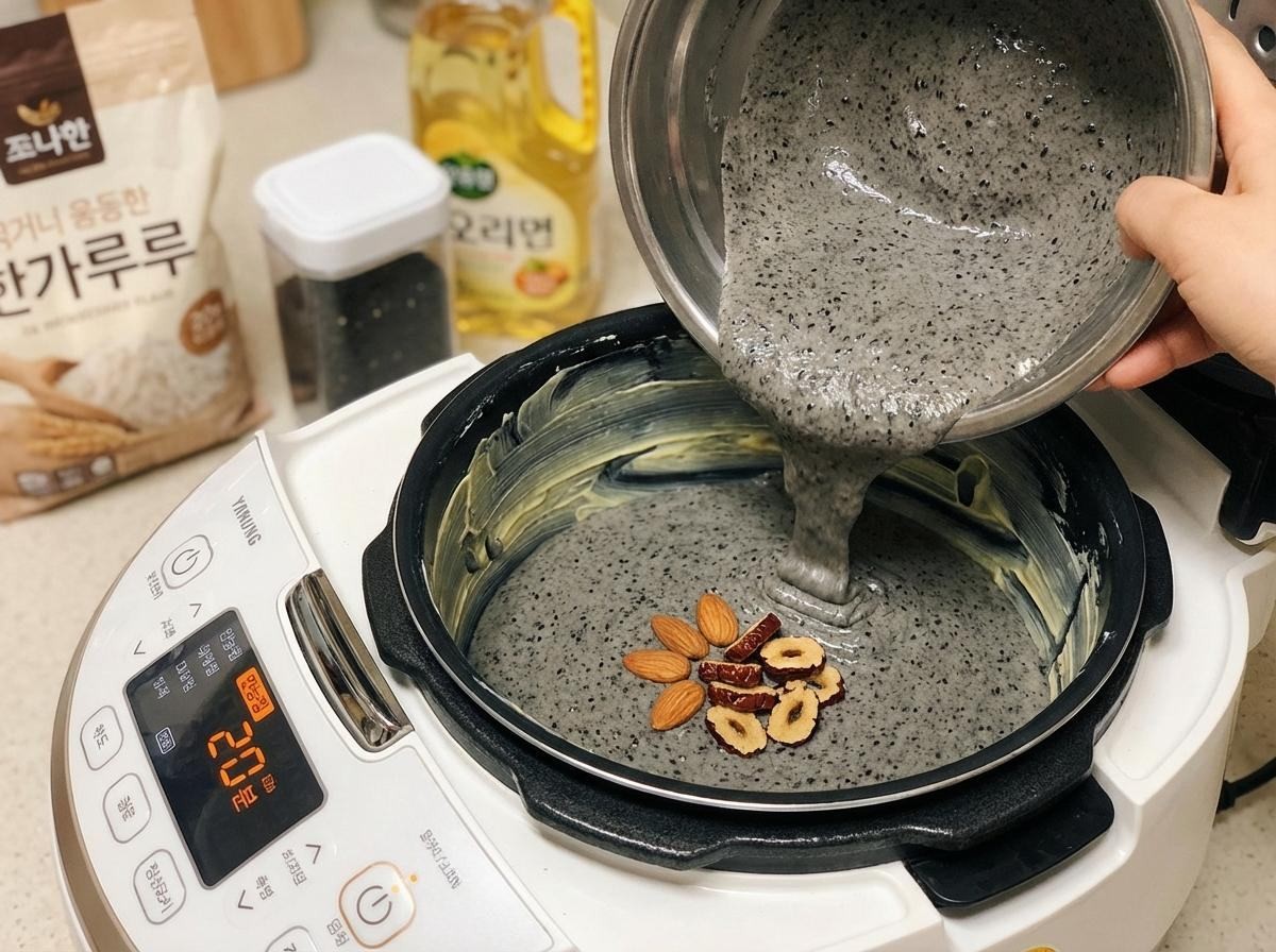 조리 모드는 ‘만능찜’을 사용해 20~25분 설정한다. 밥솥은 내부 온도와 압력을 일정하게 유지하는 구조다. 기사 내용 토대로 AI툴 활용해 제작한 자료사진.