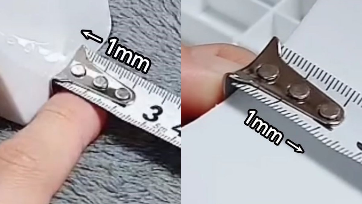 줄자를 벽면에 대고 밀어서 재는 경우(왼)와 모서리에 후크를 걸고 당겨서 재는 경우(오). / 유튜브 '1분미만'