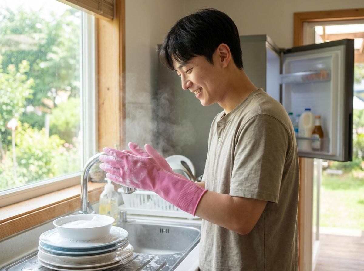 깨끗한 고무장갑으로 설거지하기. 기사 내용 토대로 AI툴 활용해 제작한 자료사진.