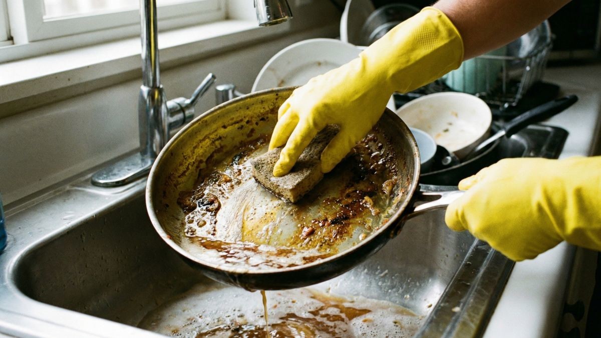 더러워진 프라이팬을 닦는 모습 (AI 사진)