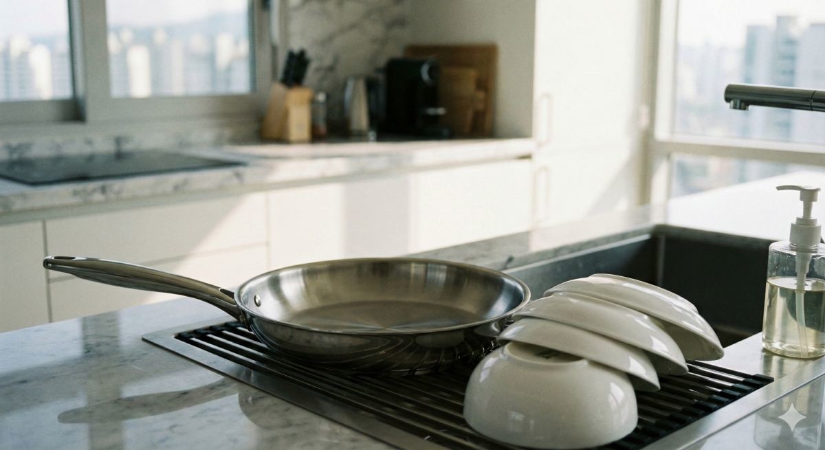 깨끗해진 그릇과 프라이팬 (AI 사진)