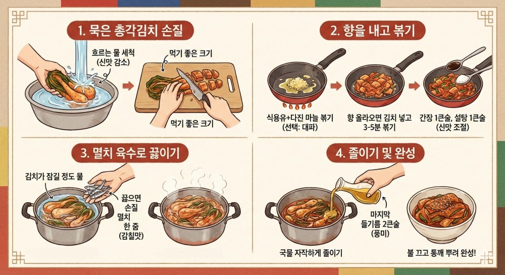 묵은 총각무지짐 조리 과정 일러스트 이미지. AI툴로 생성했습니다.