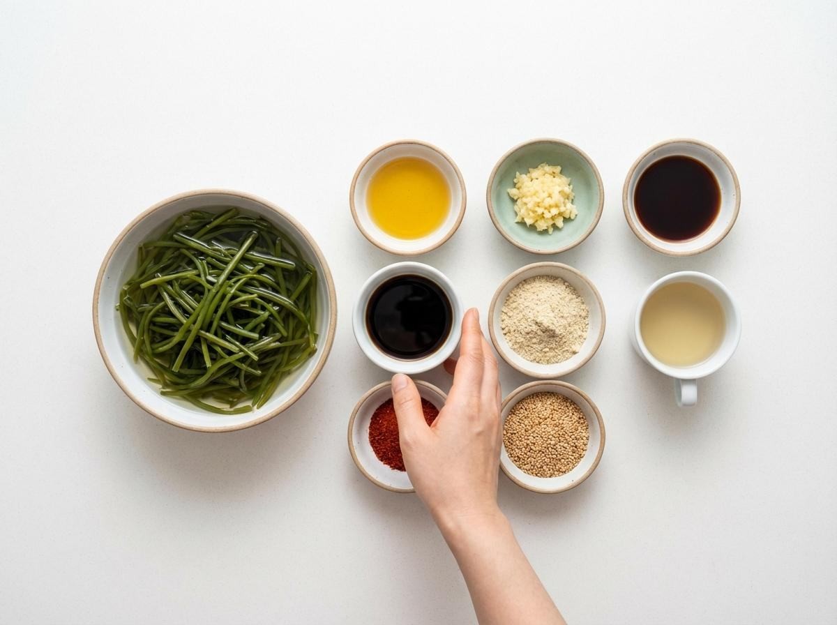 미역줄기볶음 준비 재료들. 미역줄기 300g, 들기름 2숟갈, 다진 마늘 1숟갈, 국간장(또는 참치액) 1.5~2숟갈, 들깨가루 2숟갈, 고춧가루 0.5숟갈, 통깨, 들기름 약간, 물 또는 육수 3~4숟갈. 기사 내용 토대로 AI툴 활용해 제작한 자료사진.