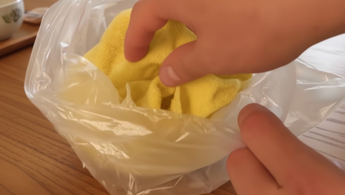 비닐봉지 안에 행주를 넣는 모습. 유튜브 채널 '살림보스' 영상 장면 중 일부를 AI가 재생성한 이미지.