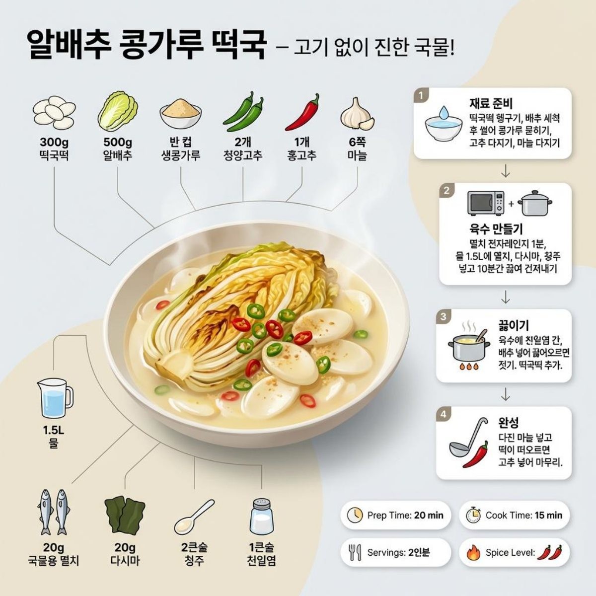 [인포그래픽] '알배추 콩가루 떡국' 레시피'를 한 눈에 정리한 이미지. AI가 생성한 자료사진.