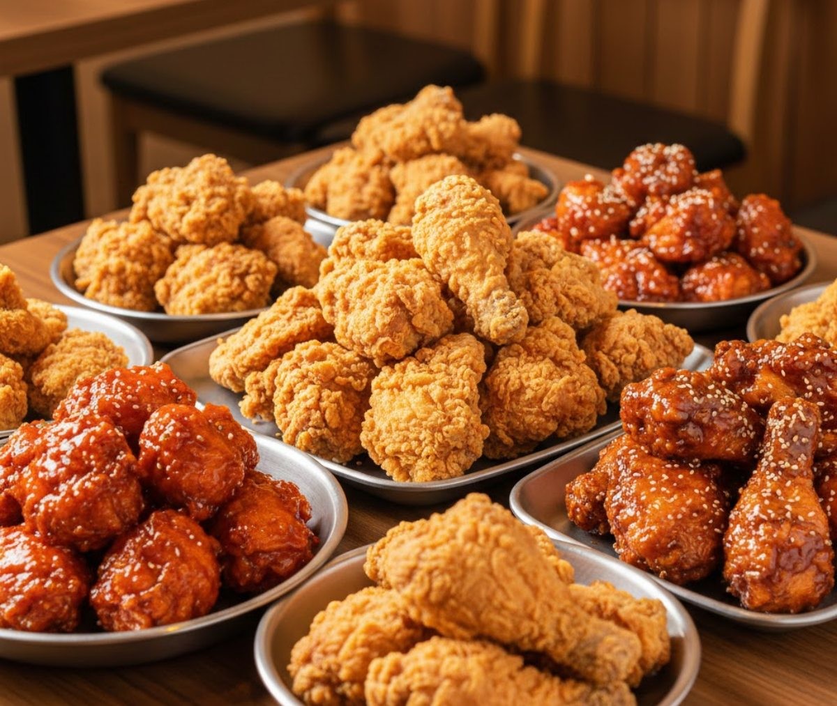 후라이드 치킨, 양념치킨, 간장치킨 등 다양한 한국식 치킨의 모습. (기사 속 실제 제품과 직접적인 연관은 없음을 밝힙니다.) AI가 생성한 자료사진.