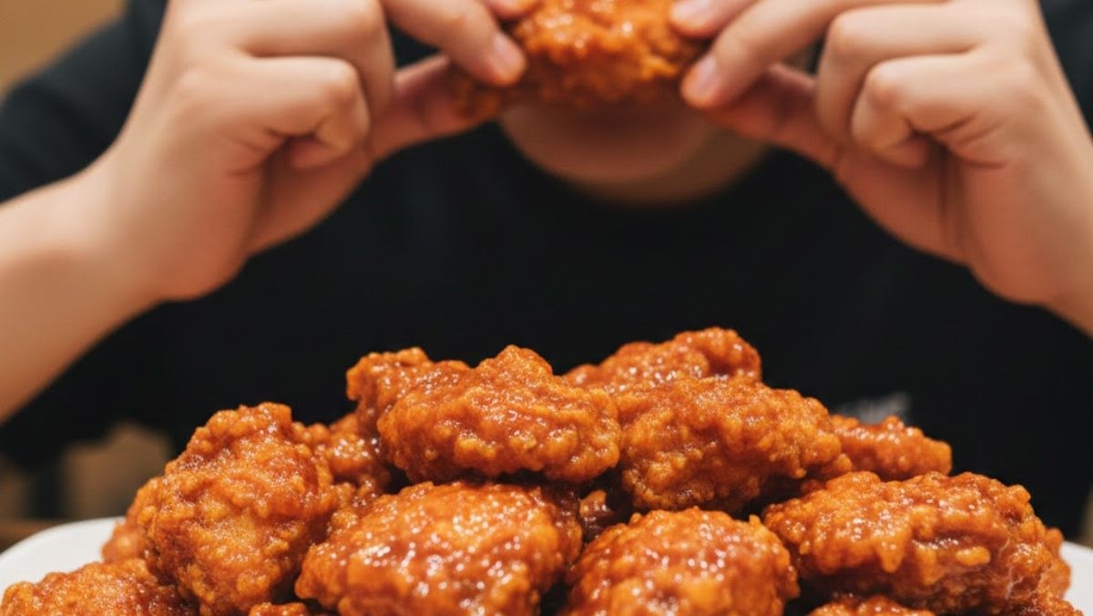 양념치킨을 먹는 사람. (기사 속 실제 제품과 직접적인 연관은 없음을 밝힙니다.) AI가 생성한 자료사진.
