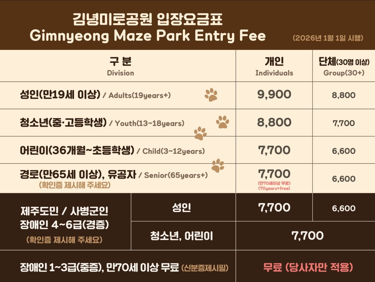 김녕미로공원 입장요금표 / 김녕미로공원 홈페이지
